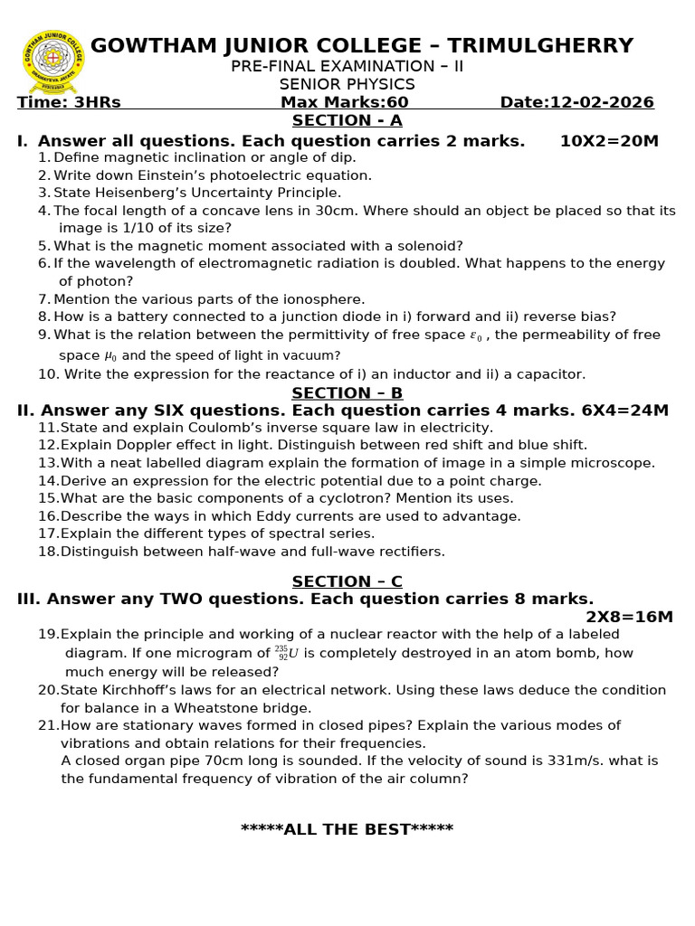 SR Physics Prefinal II 2026 | PDF | Light | Redshift