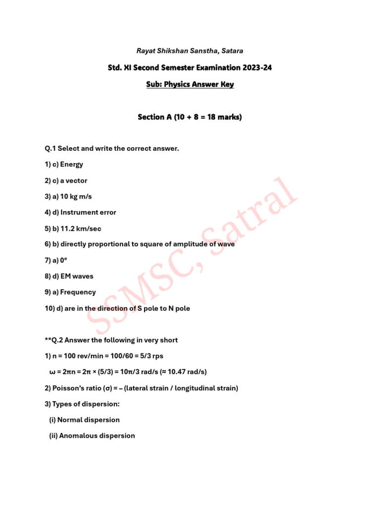 Std. XI Second Semester Examination 2023-24 Ans Key | PDF | Force ...
