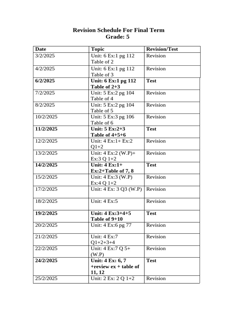 Revision Schedule For Class 5 | PDF