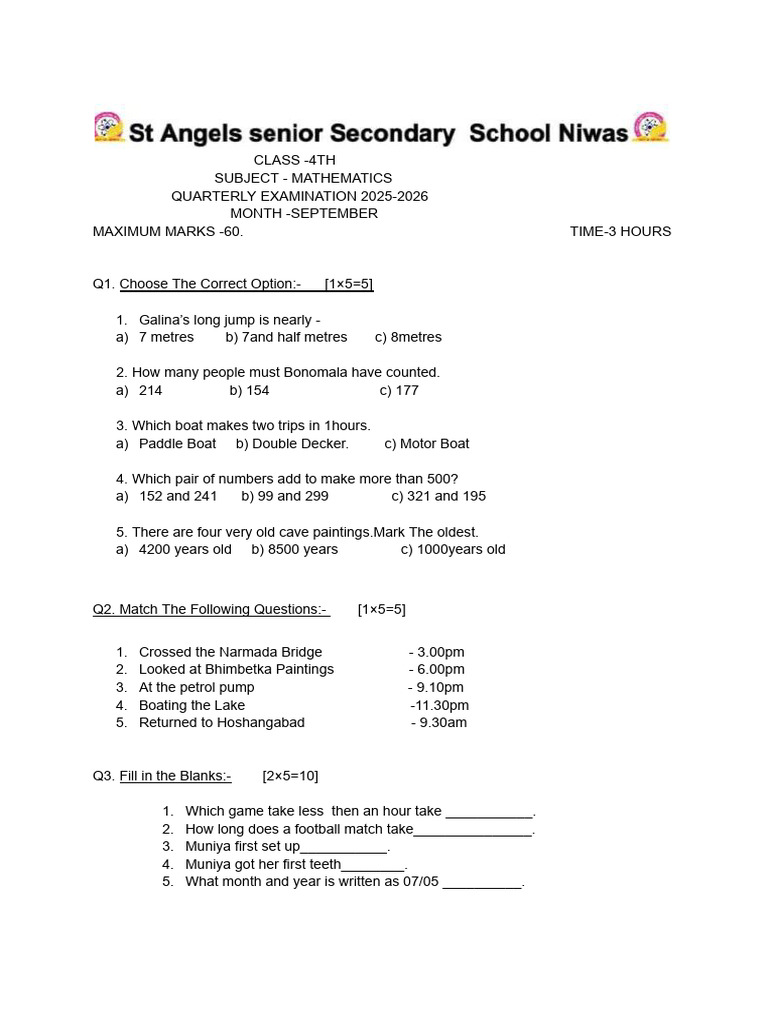 CLASS-4th MATHS Question Paper | PDF