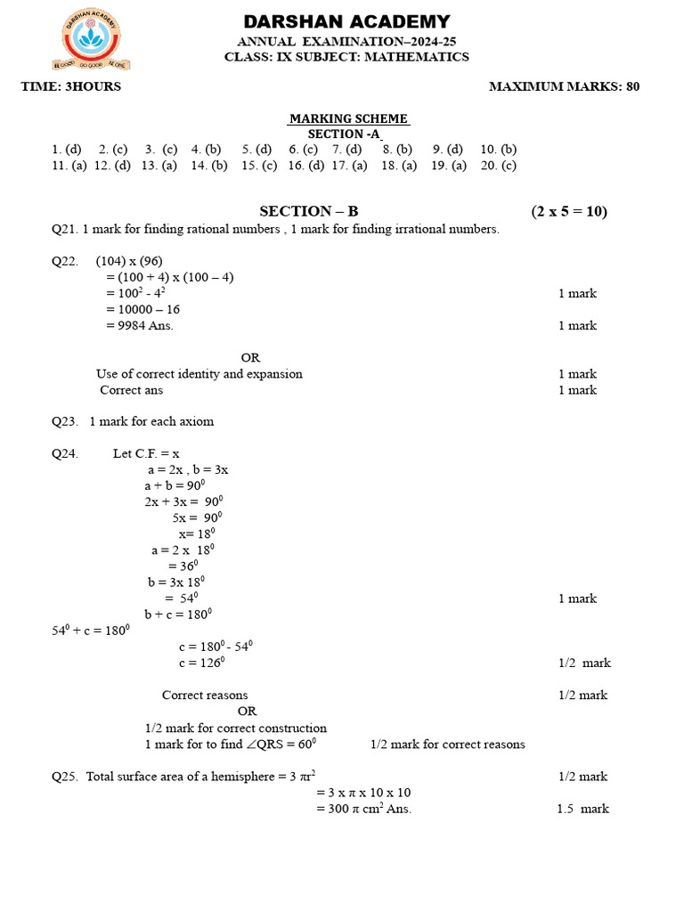 Ix Mathematics Marking Scheme | PDF | Area | Mathematical Concepts