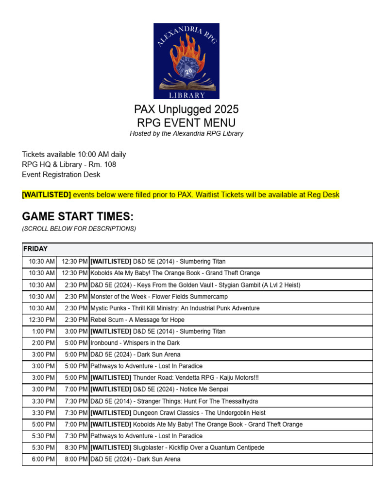 PAX Unplugged 2025 - Alexandria RPG Library Event Descriptions | PDF ...