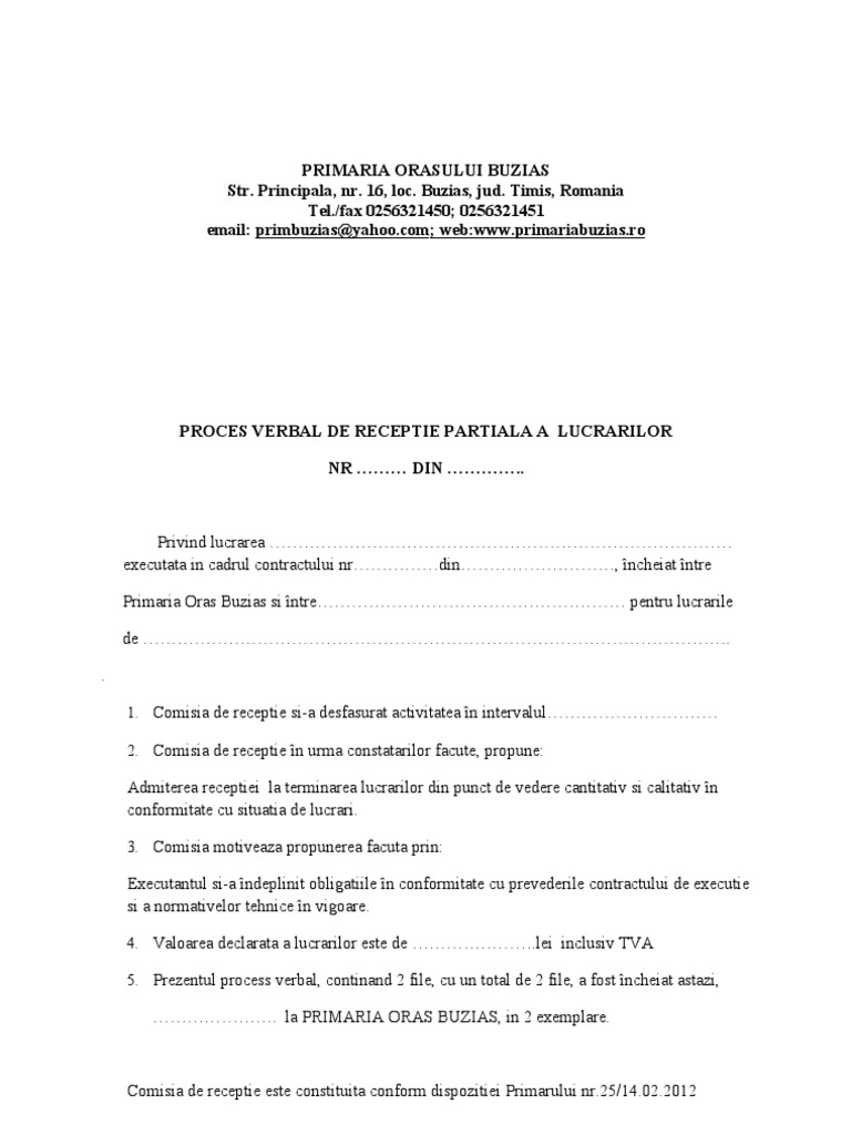 Proces Verbal Receptie Partiala A Lucrarii