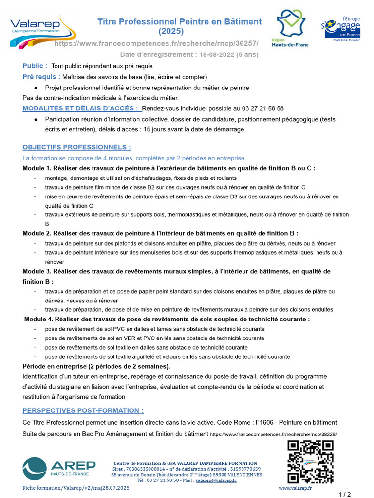 Fiche Formation TP Peintre en Batiment | PDF