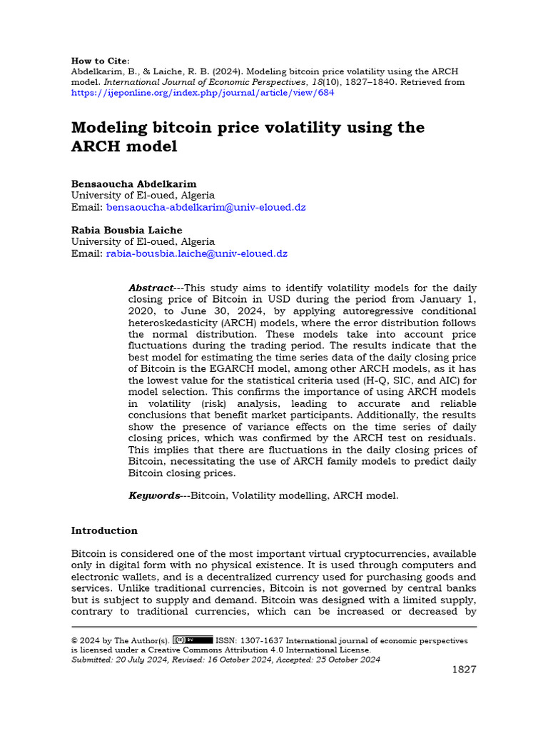 Modeling Bitcoin Price Volatility Using The ARCH Model | PDF | Akaike ...