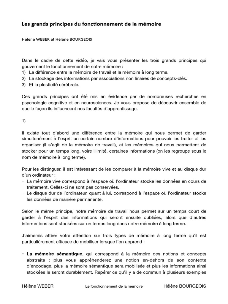 Les Grands Principes Du Fonctionnement de La Mémoire | PDF | Mémoire ...