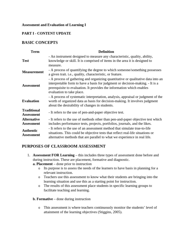 Assessment and Evaluation of Learning I II | PDF | Educational ...