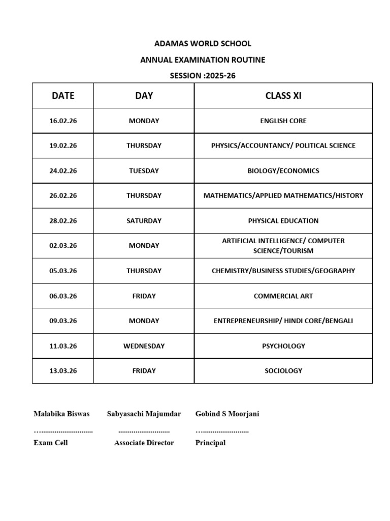 Class 11 Annual Examination Routine | PDF