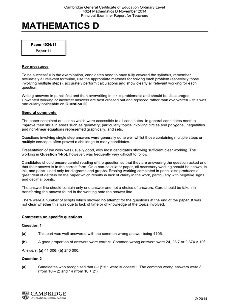 Mathematics D: Paper 4024/11 Paper 11 | PDF | Area | Pi