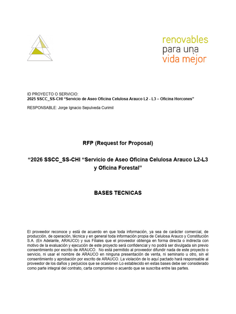 RFP Bases Técnicas - Servicio de Aseo Oficina Celulosa Arauco y ...