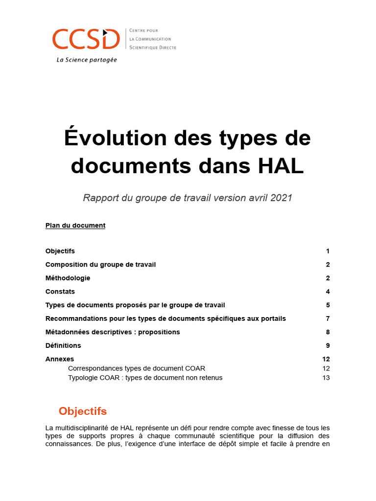 Evolution Des Types de Documents Dans HAL Consultation Rapport Du GT ...