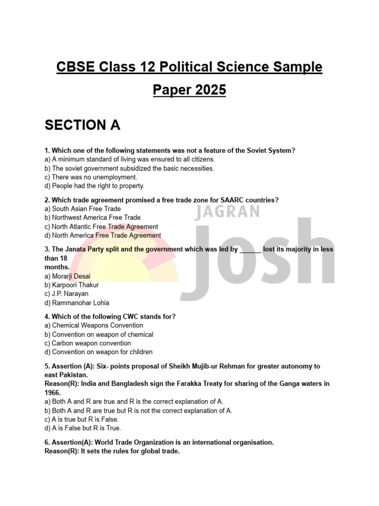 Cbse Class 12 Political Science Sample Paper 2025 | PDF | International ...