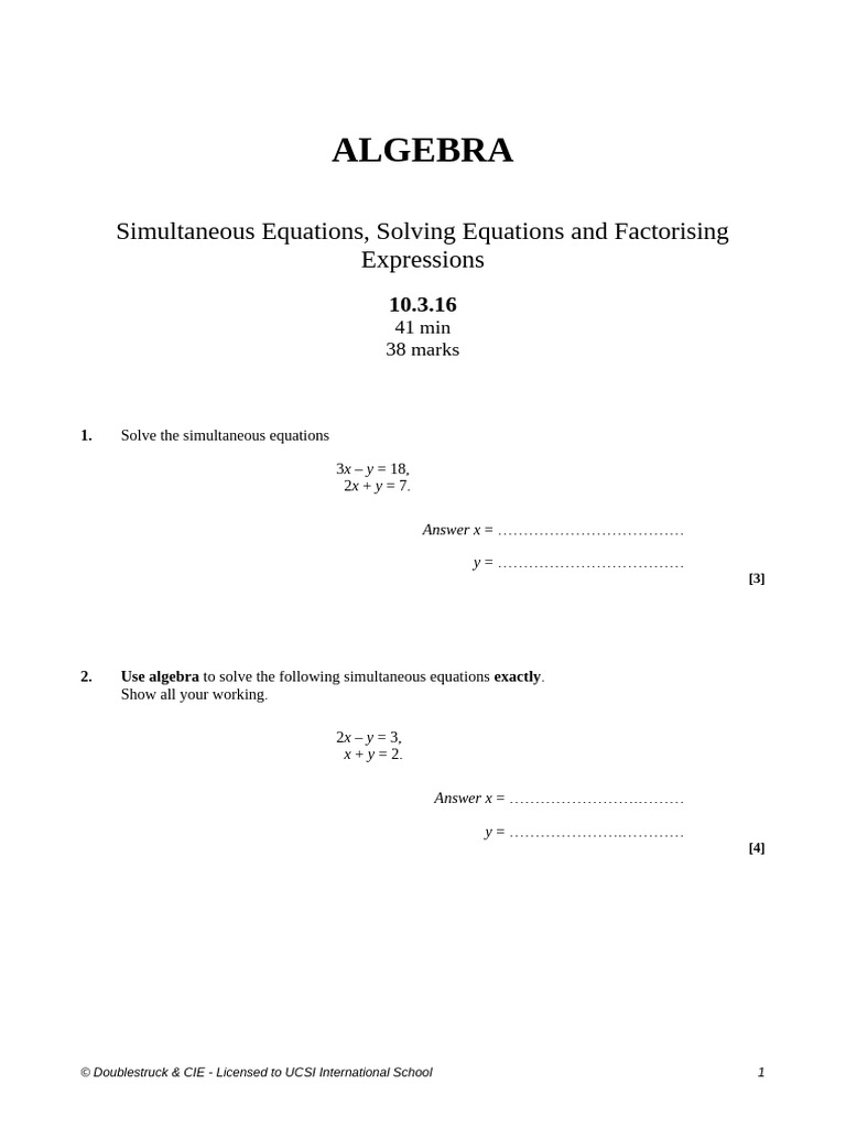 Algebra | PDF | Equations | Chess Theory