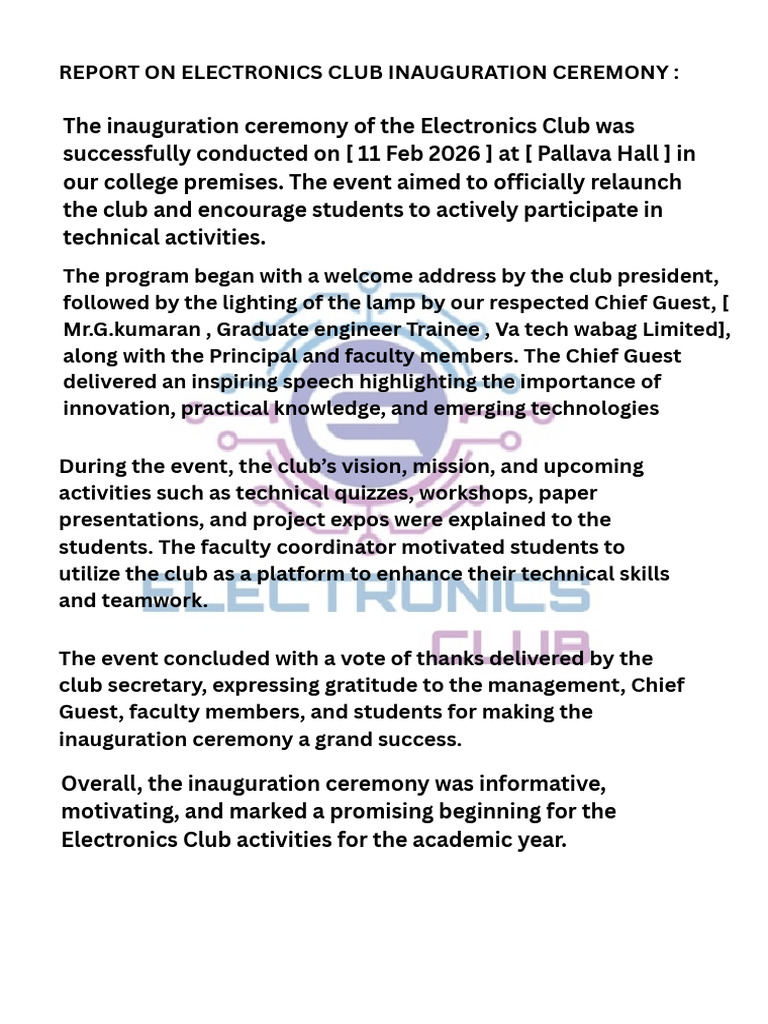 Report on Electronics Club Inauguration Ceremony_20260219_152654_0000 | PDF