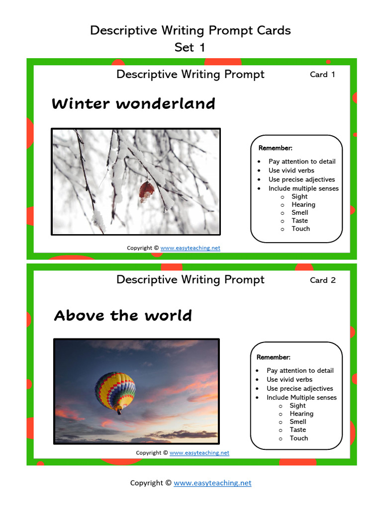 Descriptive Writing Prompts | PDF | Senses | Syntax