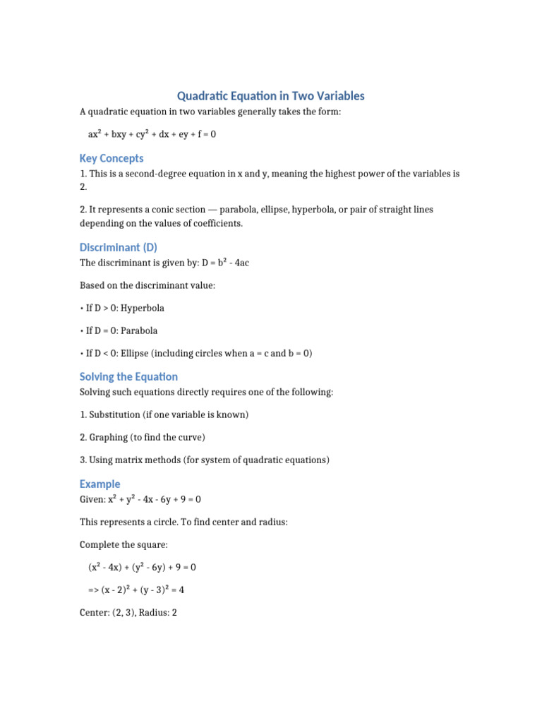 Quadratic Equation Two Variables | PDF