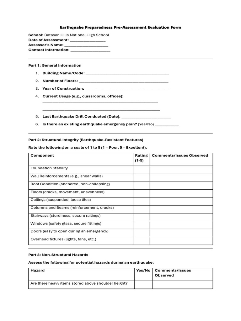 PDF Earthquake Preparedness Pre-Assessment Evaluation Form | PDF ...