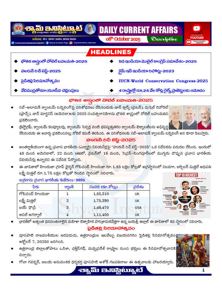 08th October - 2025 Daily Current Affairs (TM) | PDF