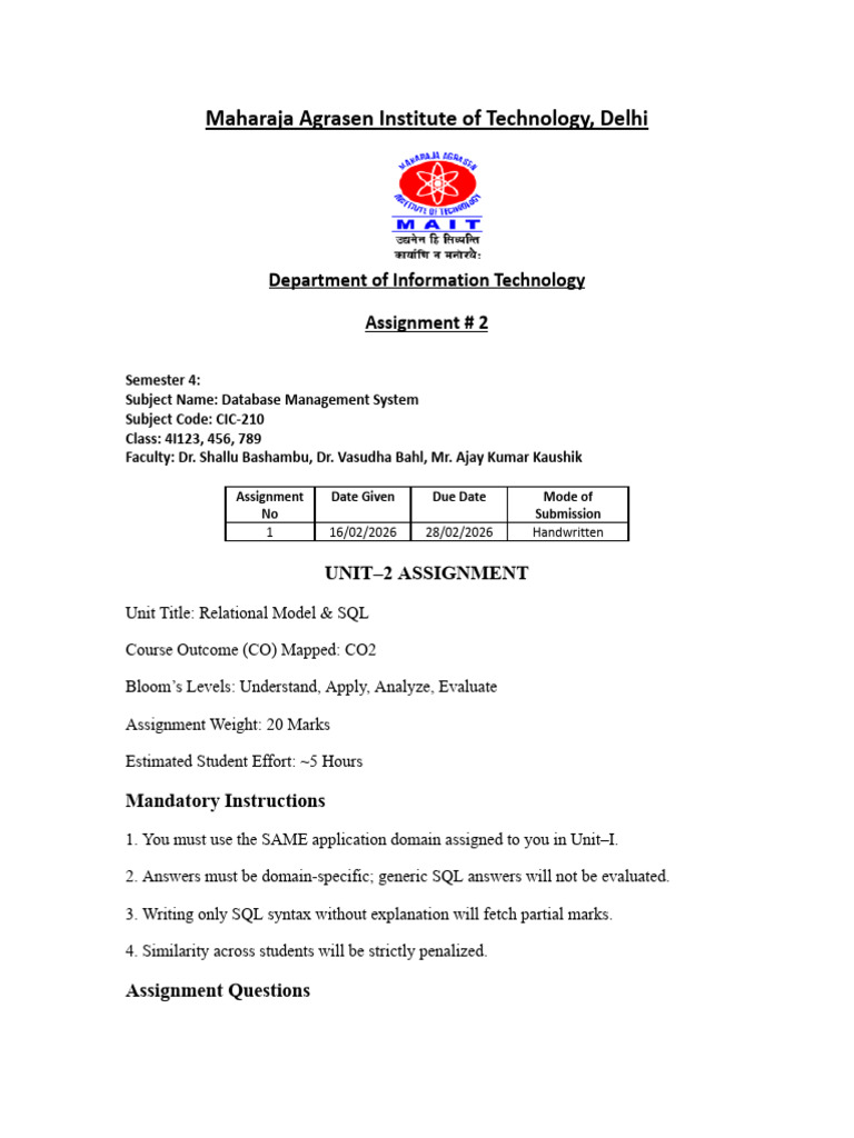 DBMS Unit2 Assignment 2 | PDF | Databases | Relational Database