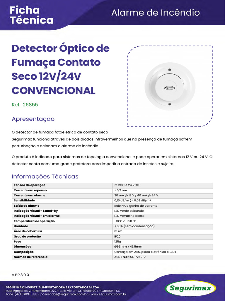 Detector Ptico de Fuma A Contato Seco 12V24V CONVENCIONAL | PDF