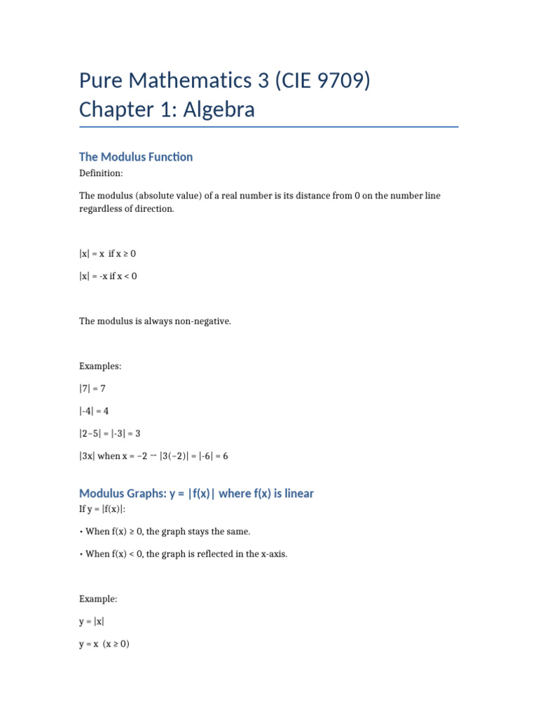 Pure Math 3 9709 Algebra Notes | PDF