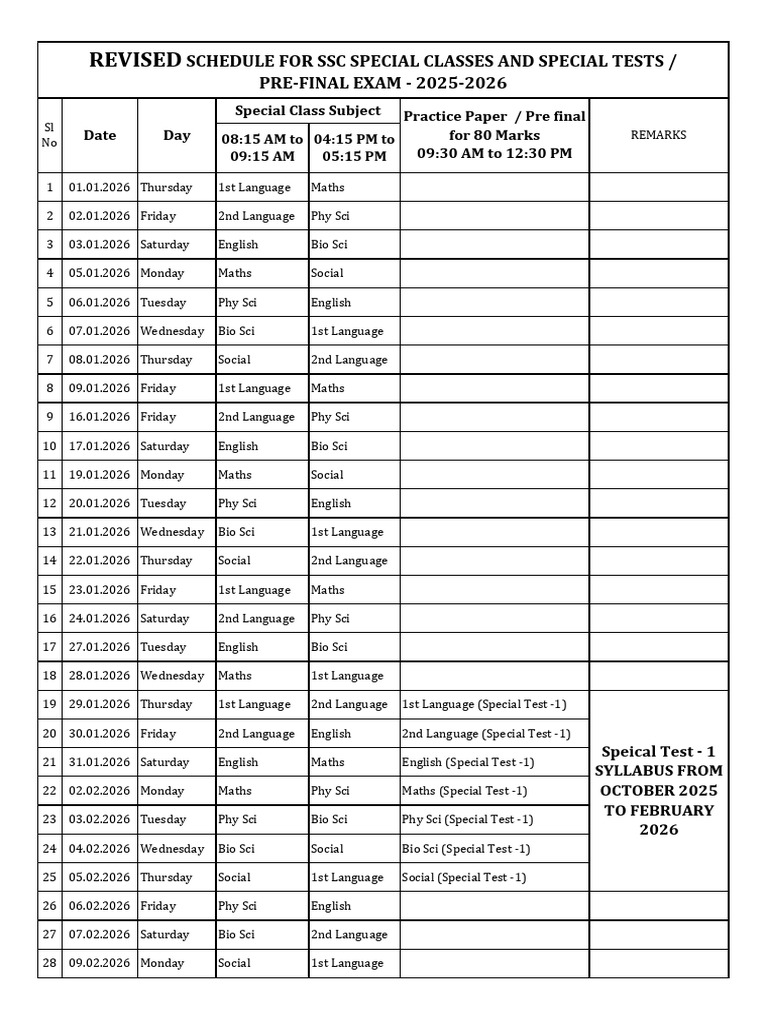 REVISED Schedule For Action Plan and Special Tests 2025-26 | PDF