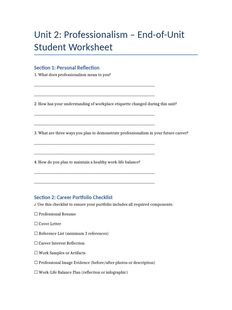 Unit 2 Professionalism Student Worksheet | PDF | Social Psychology