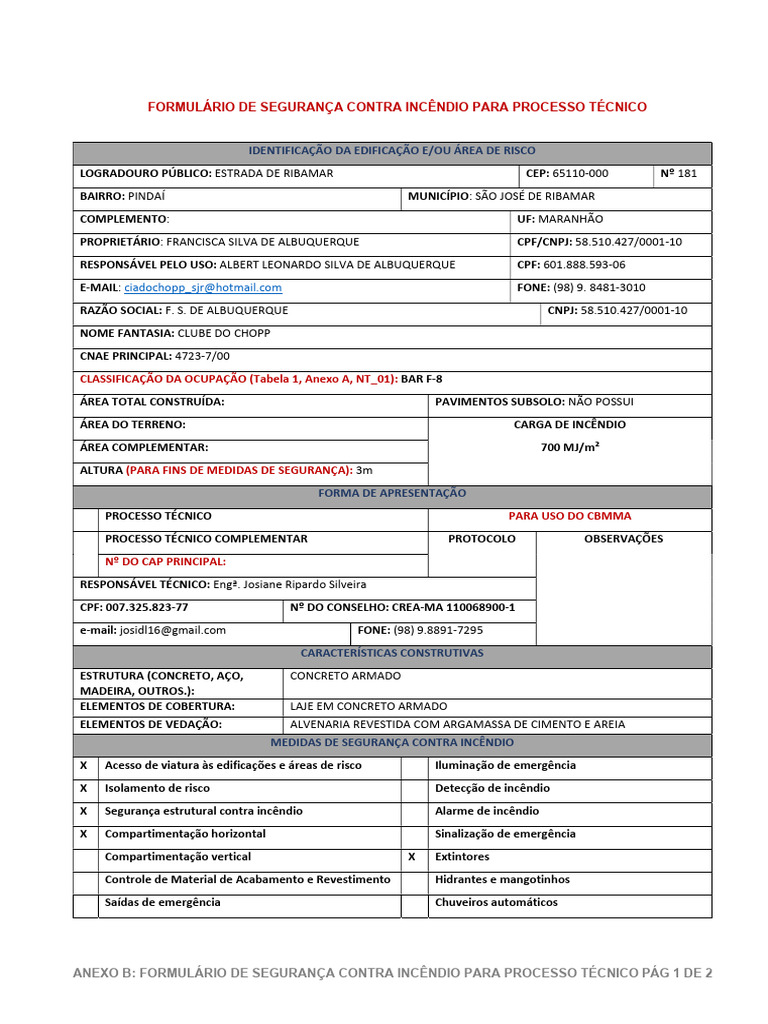Formulario de Segurança Processo Incendio Clube Do Chopp | PDF | Materiais