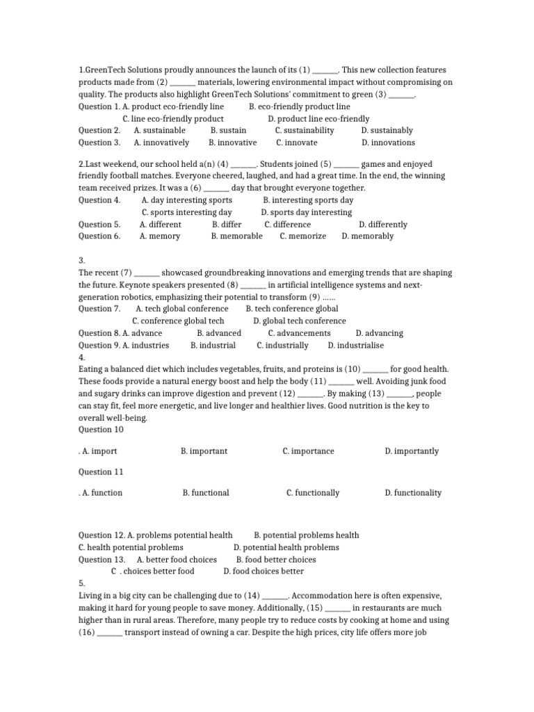 English Multiple Choice Test | PDF | Foods