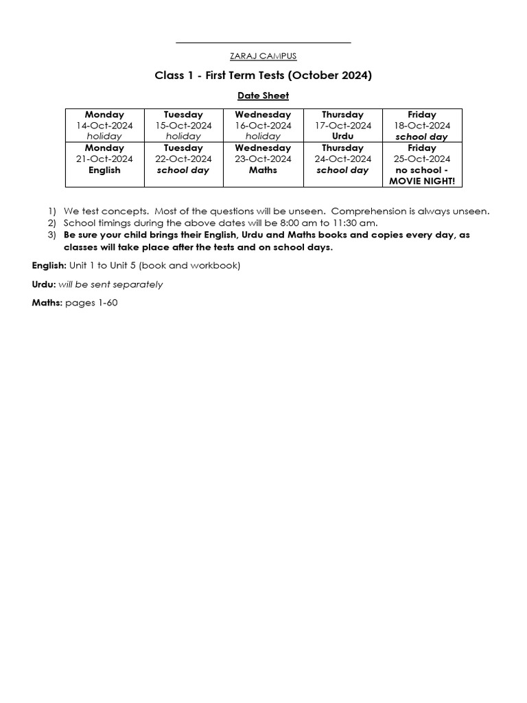 Date Sheet First Term Class 1 | PDF