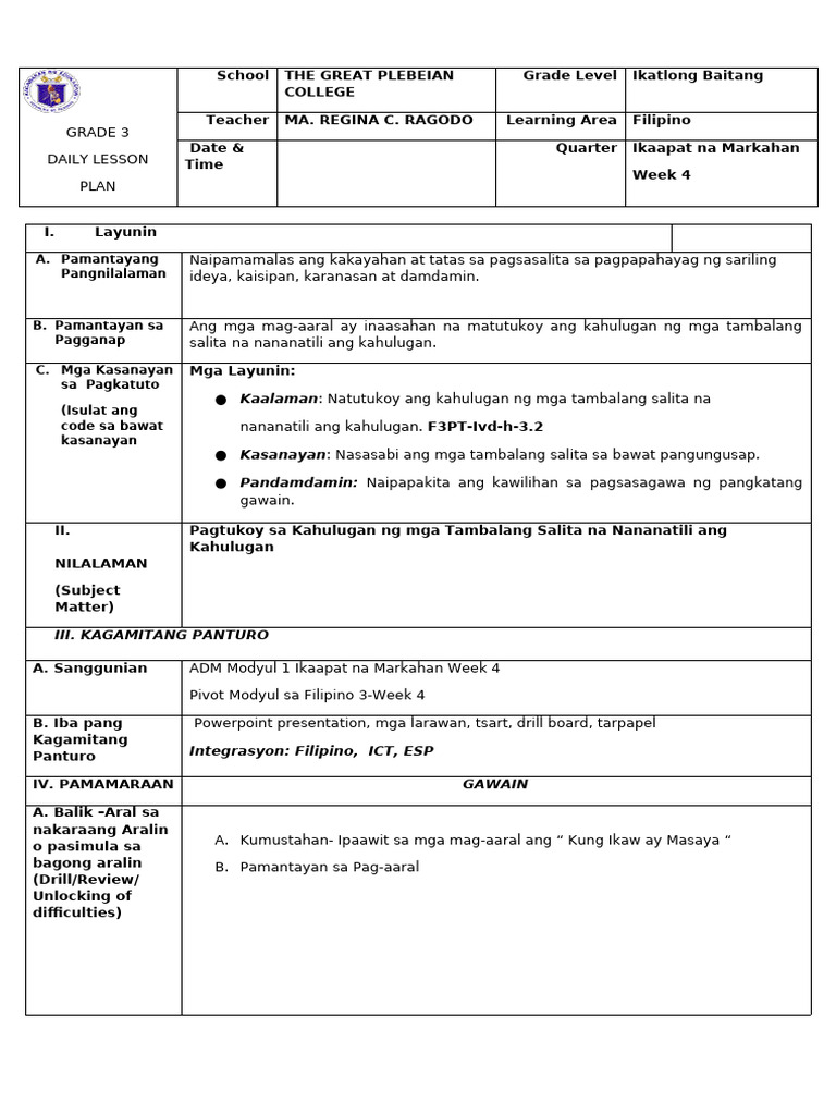 COT FILIPINO 3 Q4 W4 Ed | PDF