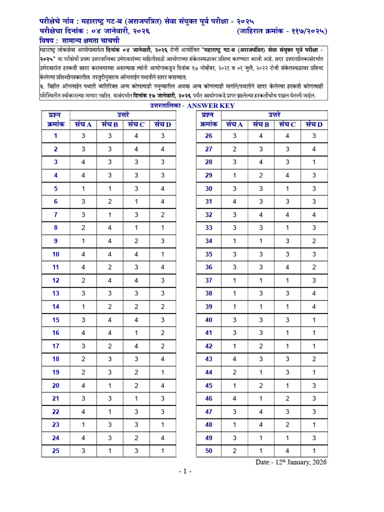 First Answer Key of Maharashtra Group B Non Gazzeted Services Combined ...