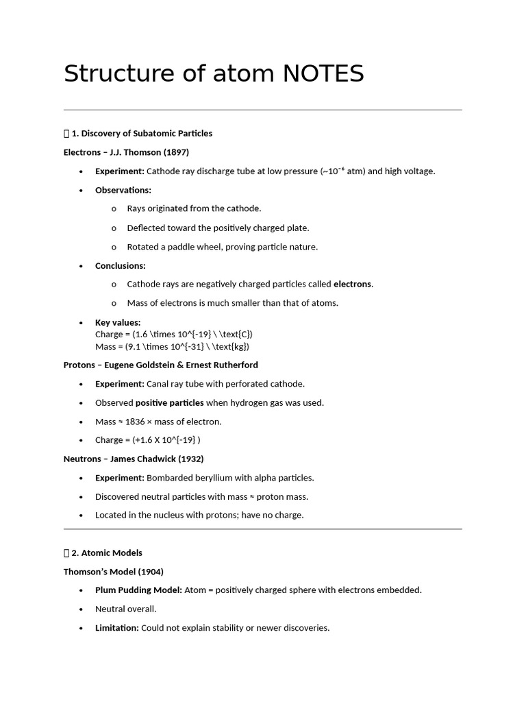 Structure of Atom NOTES | PDF | Atoms | Electron