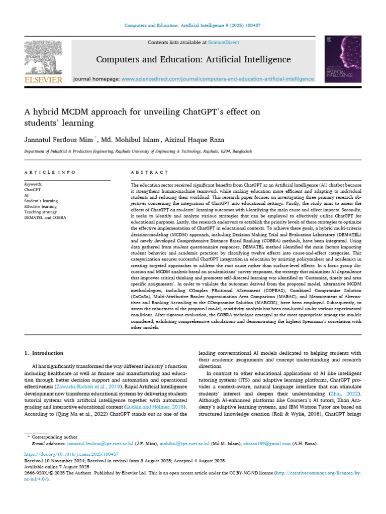 A Hybrid MCDM Approach For Unveiling ChatGPT's Effect On Students ...