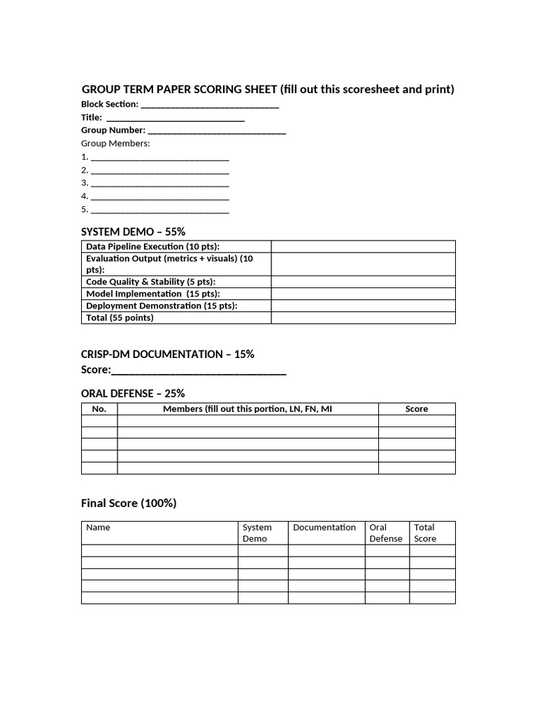 CRISP DM Group TermPaper ScoreSheet | PDF
