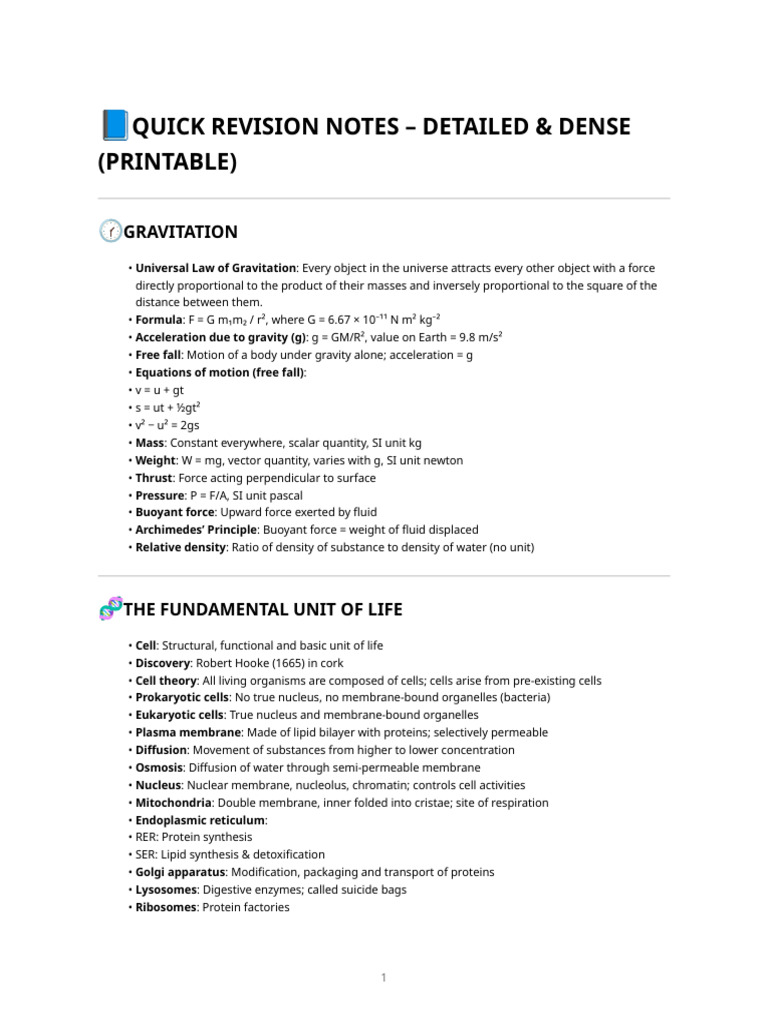 Quick Revision Notes - Science | PDF | Cell (Biology) | Force