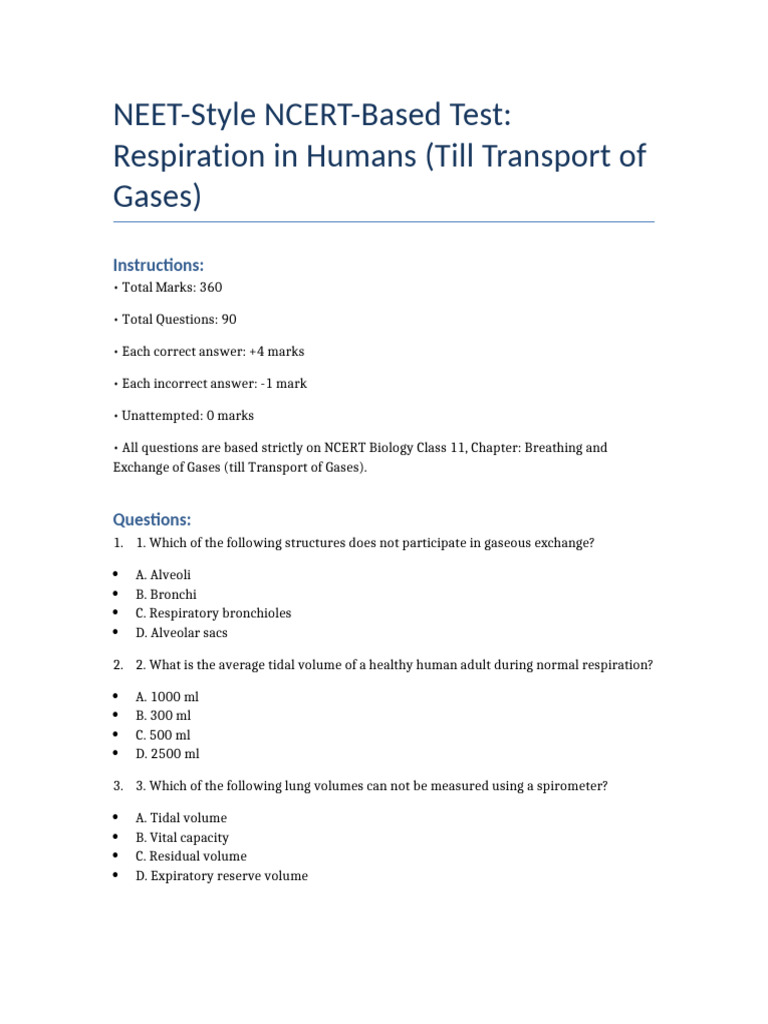NEET Test Respiration Upto Transport of Gases | PDF