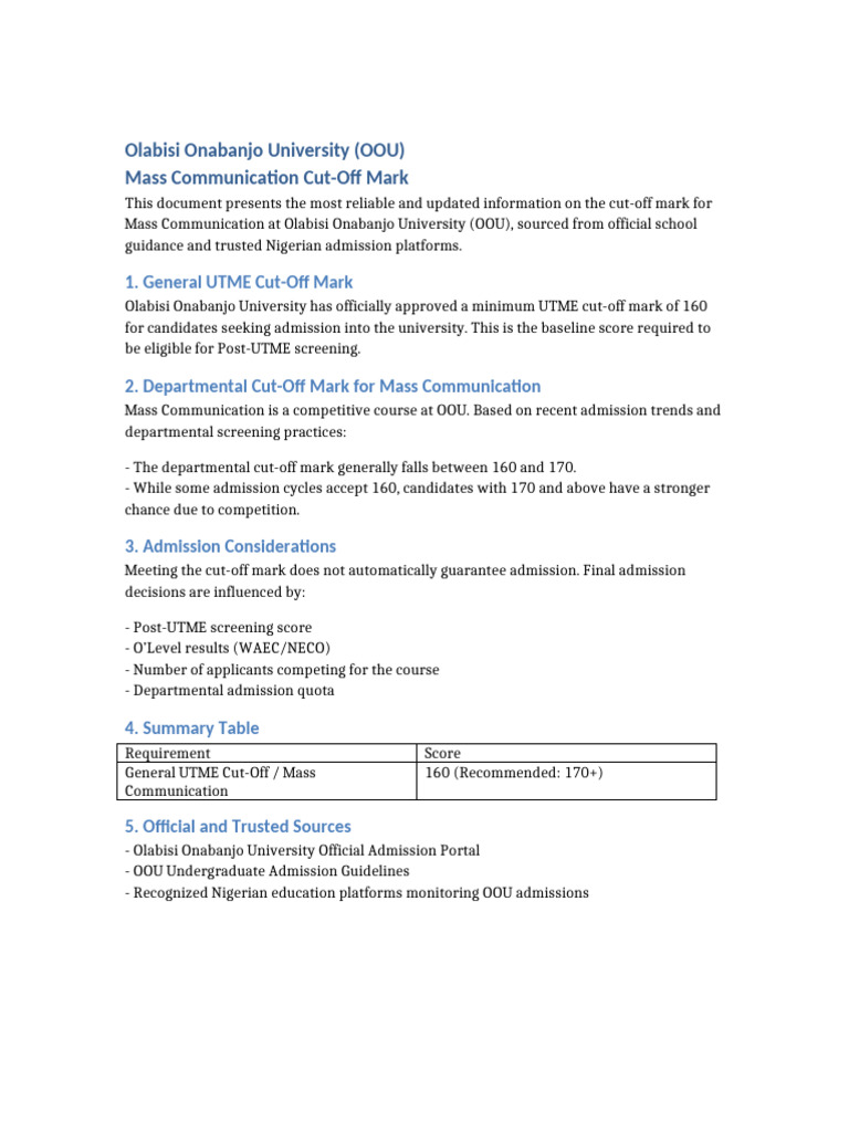 OOU Mass Communication Cut Off Mark | PDF