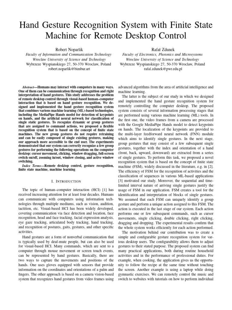 Hand Gesture Recognition System With Finite State Machine For Remote ...