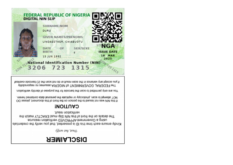 Nin Card Duru Lindaesther 1742310204 | PDF