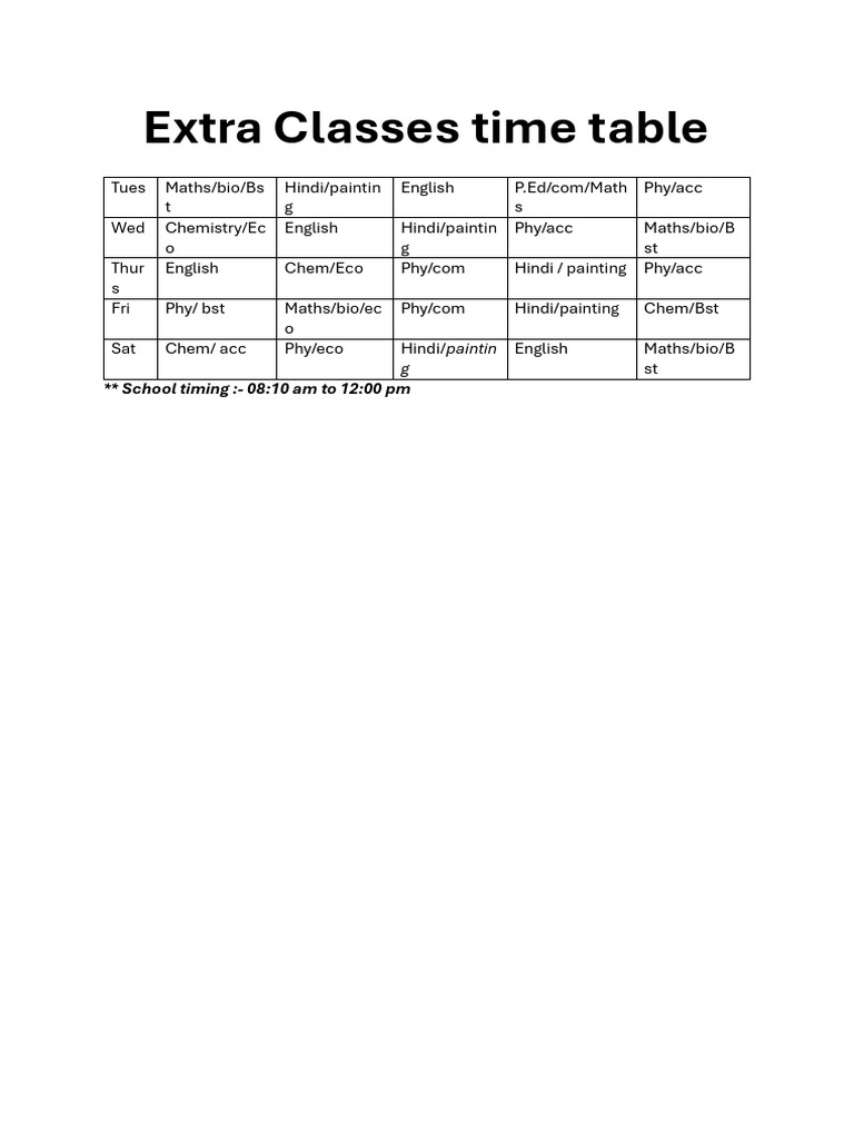Extra Classes Time Table: School Timing:-08:10 Am To 12:00 PM | PDF