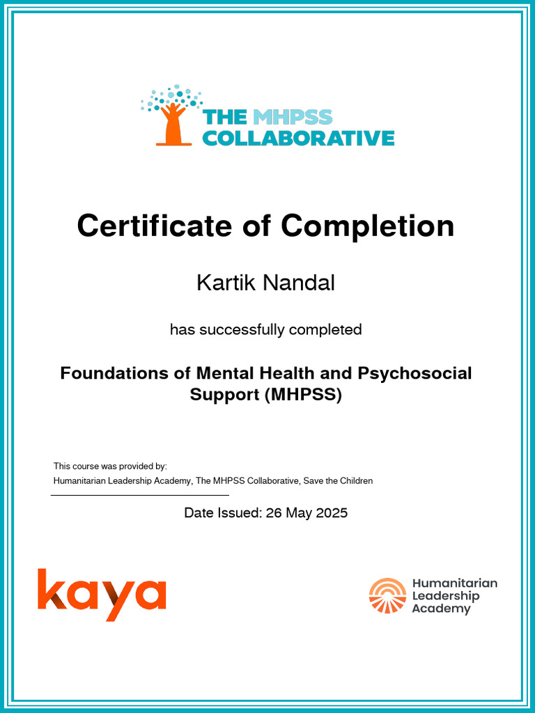 Foundations of MHPSS - Certificate of Completion | PDF