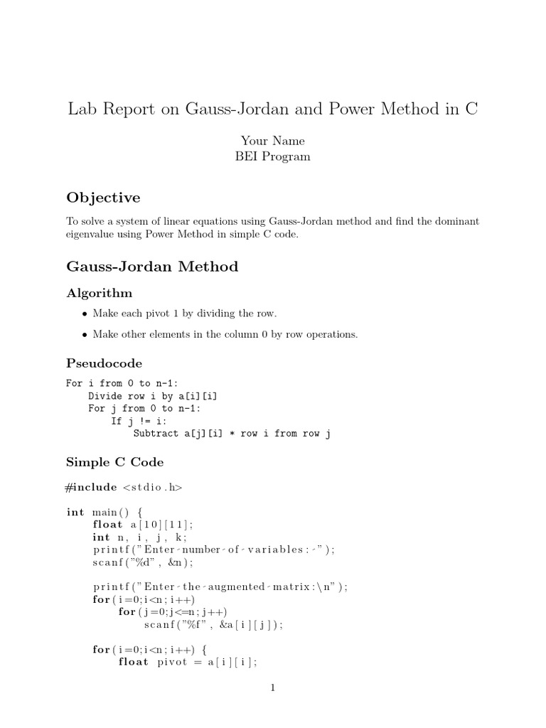 Gauss Jordan and Power Method C Lab 1 | PDF | Algorithms And Data ...