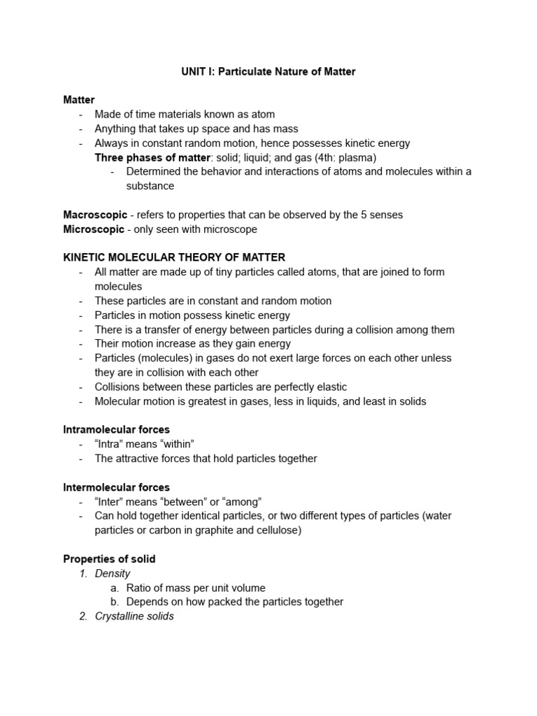 UNIT I - Particulate Nature of Matter | PDF | Gases | Liquids
