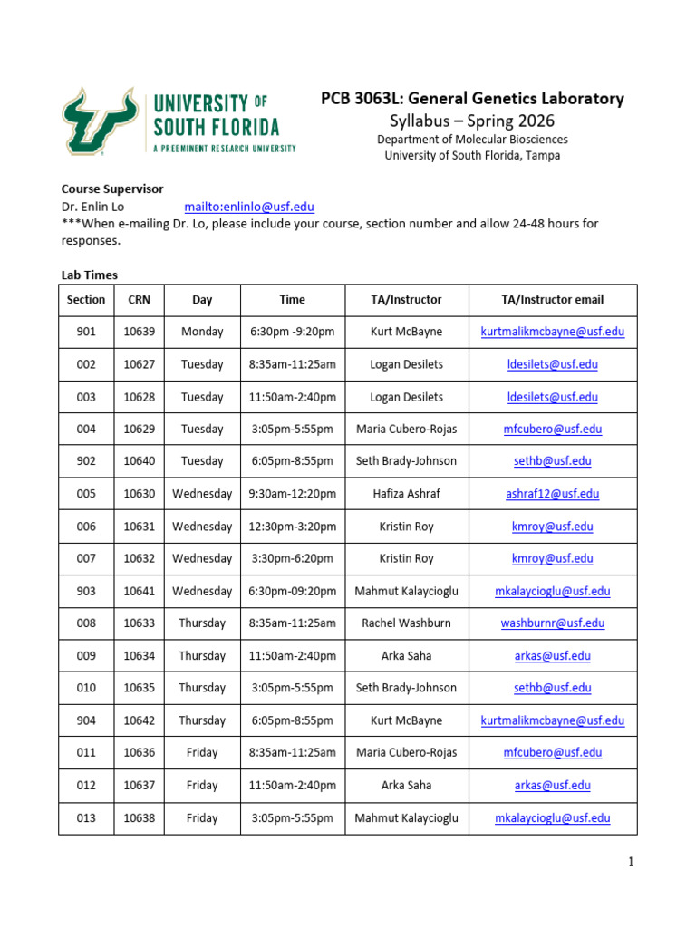 PCB3063L Genetics Lab Spring 2026 Syllabus | PDF | Turnitin | Academic ...