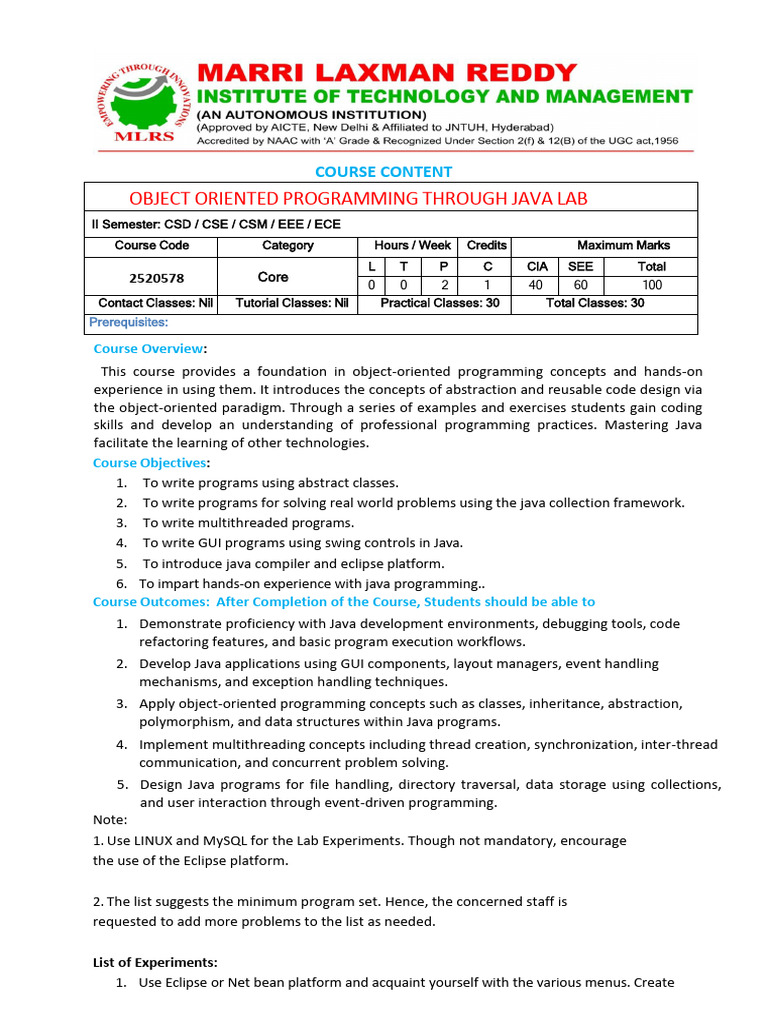 Object Oriented Programming Through JAVA Lab Syllabus | PDF | Computer ...