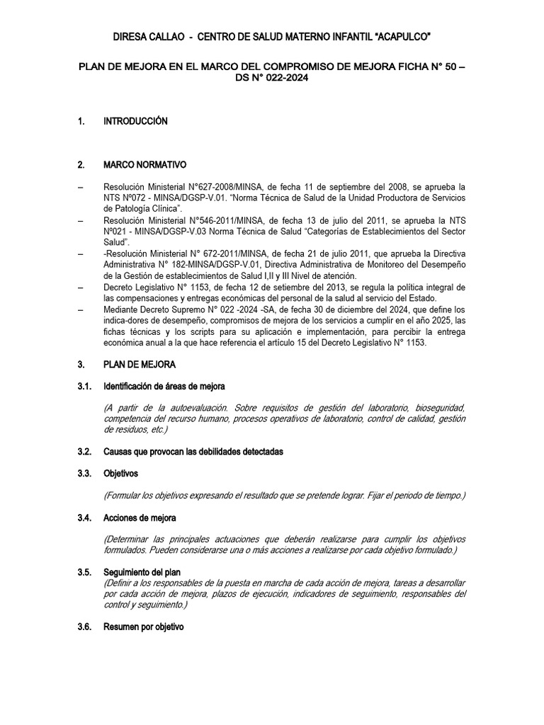 MODELO DE PLAN DE MEJORA FICHA 50 Al 30% | PDF | Laboratorios