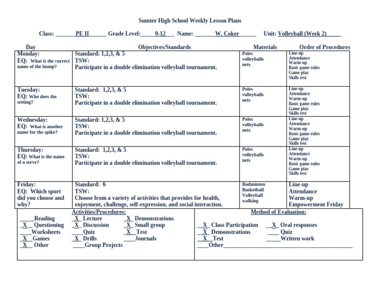 PE II Volleyball Lesson Plans Week 2 | PDF | Volleyball
