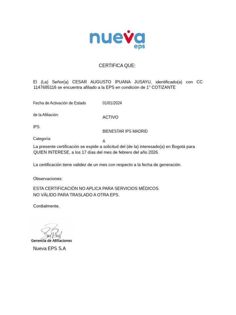 Certificado de Nueva Eps Editable | PDF