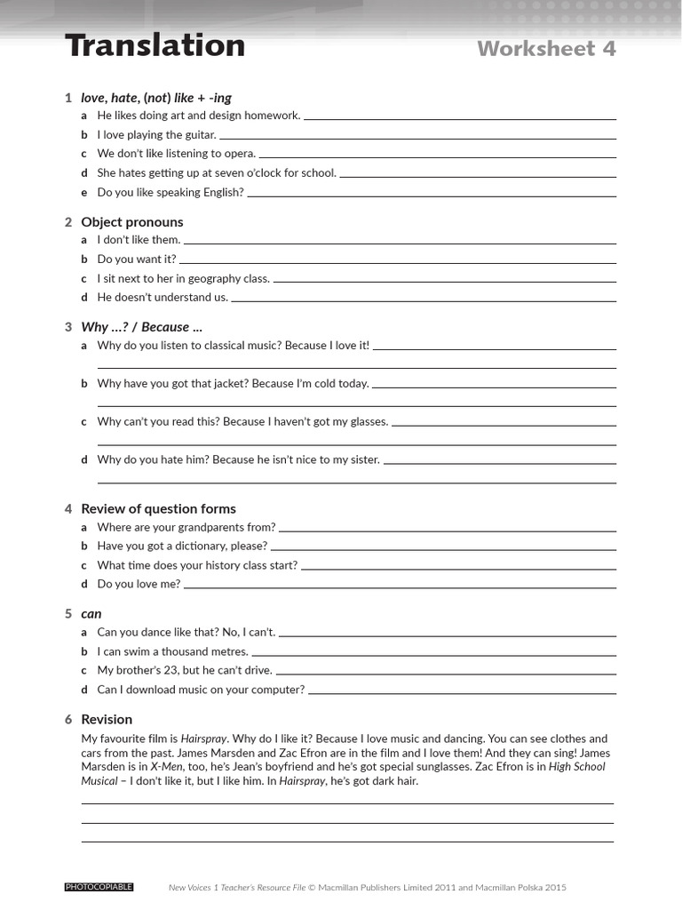 New Voices 1 TRF Unit 4 Translation Worksheet | PDF